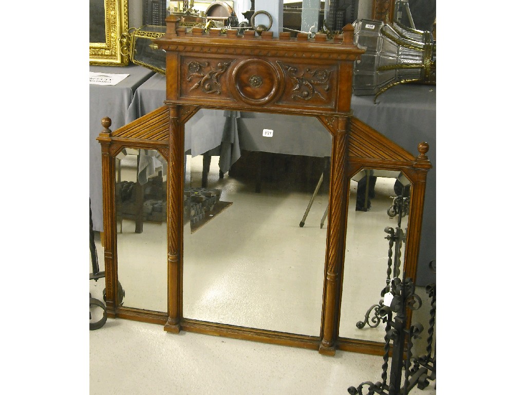 Appraisal: Early th century French walnut architectural triple overmantel mirror the