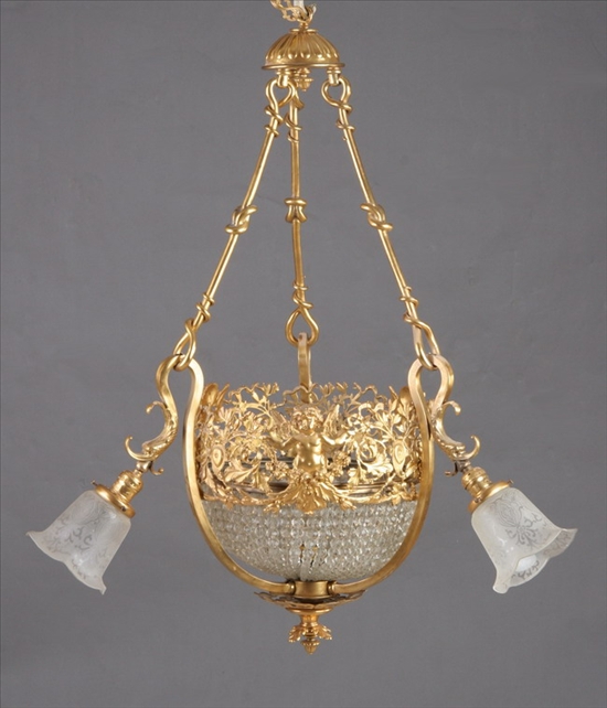 Appraisal: CONTINENTAL STYLE GILT-METAL AND CRYSTAL CHANDELIER th century Beaded basket