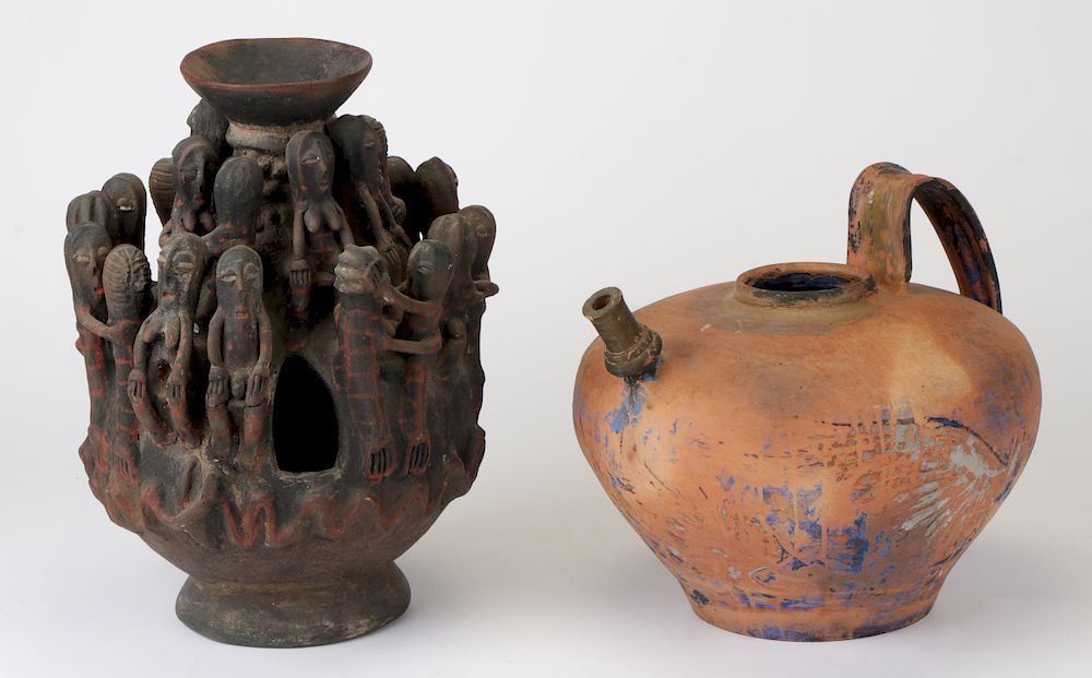 Appraisal: African Terracotta Figural Vessel and Strap-handles Globular Pitcher African Terracotta