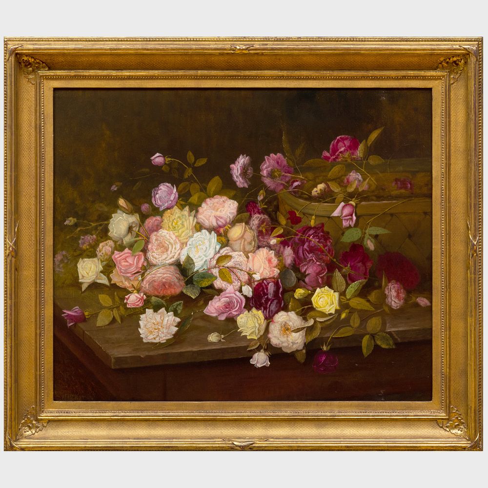 Appraisal: American School Basket of Roses on a Table Oil on