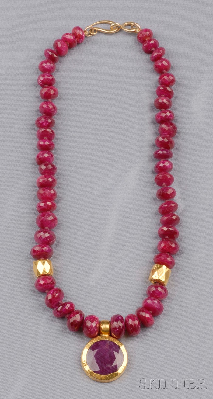 Appraisal: Faceted Ruby Bead Necklace composed of fifty ovoid ruby beads