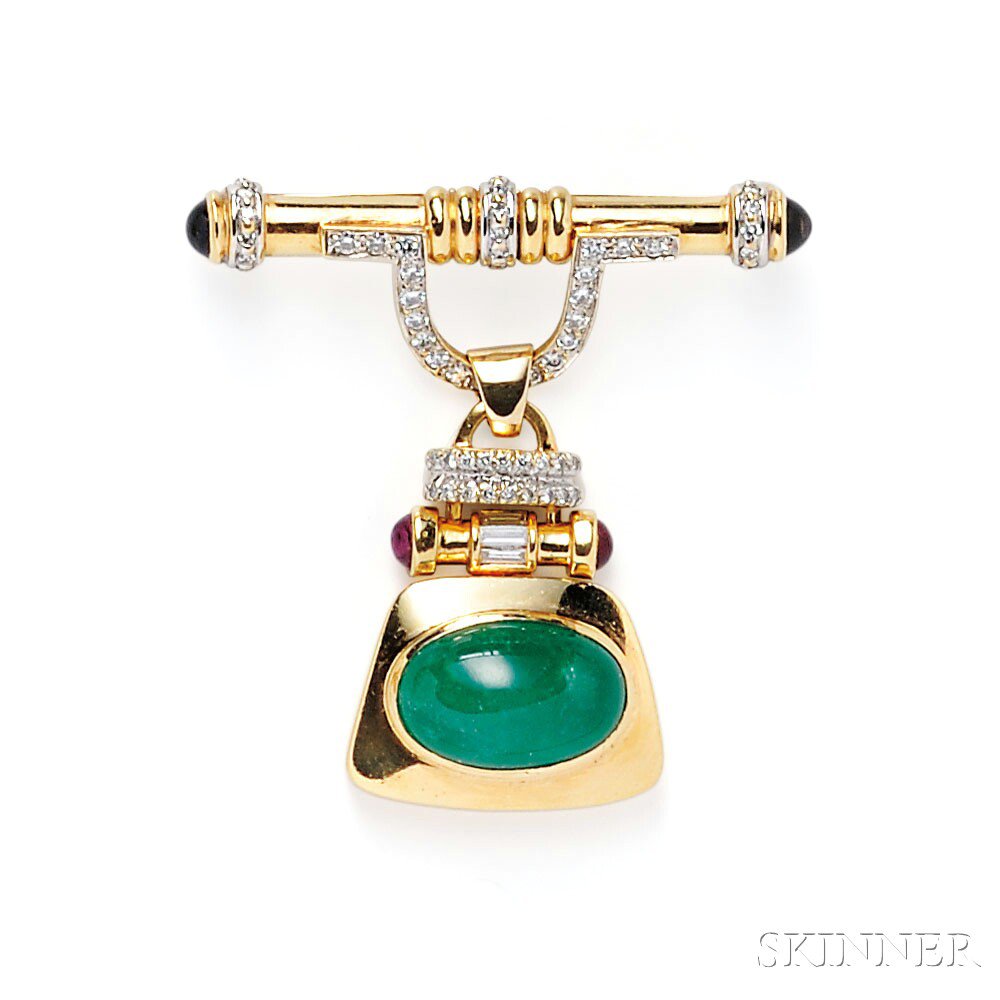 Appraisal: kt Gold Gem-set Brooch designed as an oval cabochon emerald