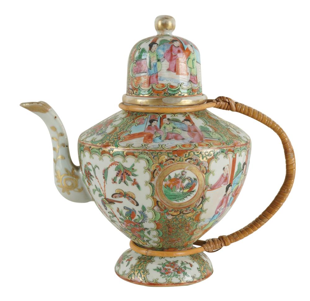 Appraisal: CANTON FAMILLE ROSE PORCELAIN TEAPOTwith twisted rattan handle Condition rubbed