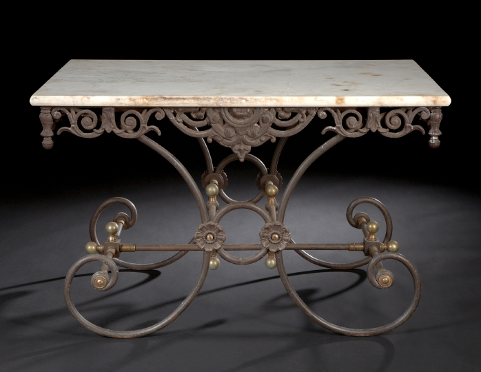 Appraisal: Napoleon III-Style Wrought- and Cast-Iron and Marble-Top Conservatory Table the