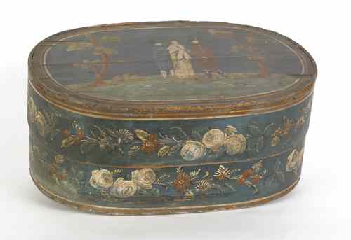 Appraisal: Continental painted bentwood bride's box ca the lid decorated with