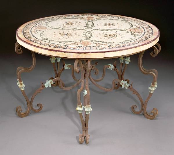 Appraisal: A Romanesque mosaic and wrought iron garden table height in