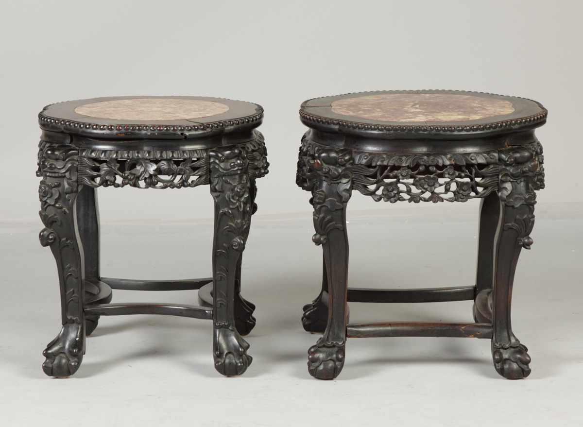 Appraisal: Chinese Carved Hardwood Stand with Marble Top Condition Very good