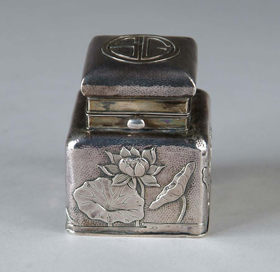 Appraisal: STERLING SILVER INKWELL Beautiful sterling silver inkwell has reposse design