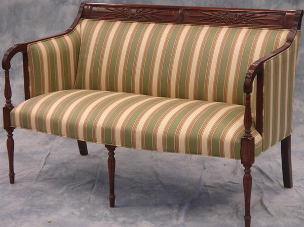 Appraisal: Inlaid mahogany New England Sheraton style settee nice striped upholstery