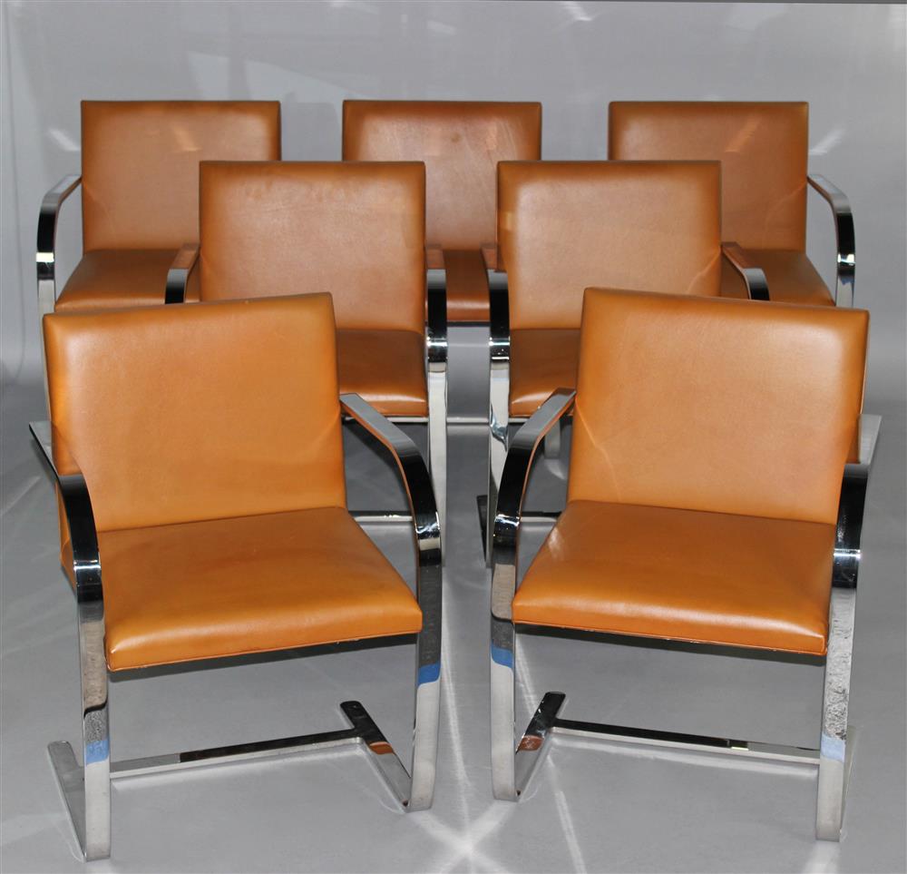 Appraisal: SET OF SEVEN KNOLL CARAMEL BROWN LEATHER AND CHROME ARM