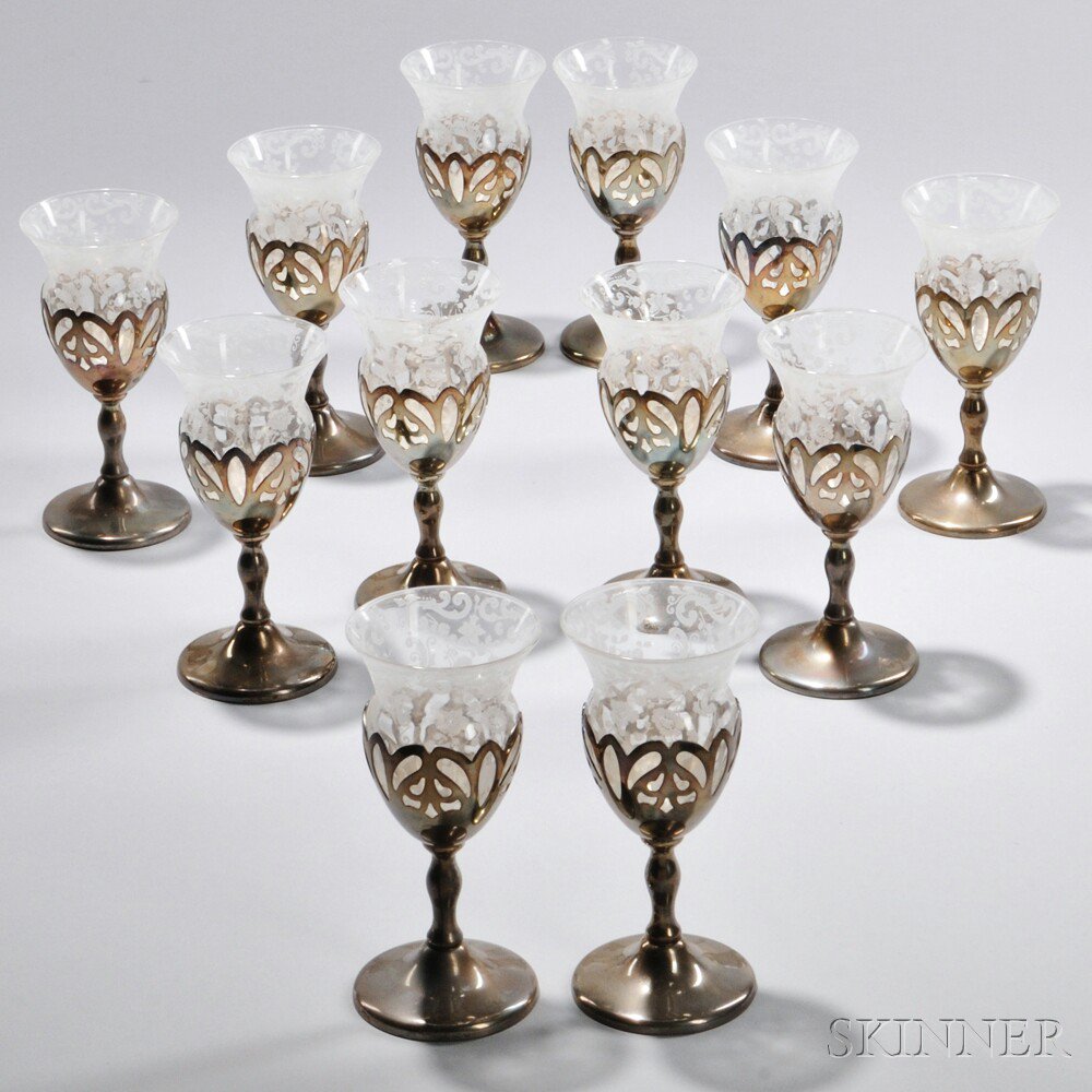 Appraisal: Twelve Sterling Silver-mounted Wineglasses early th century the colorless glass