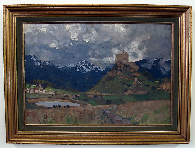 Appraisal: Schloss Tarasp impressionist landscape oil on board X SLL Artist