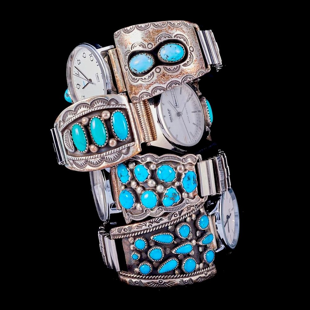 Appraisal: NAVAJO WATCH BANDS Four Vintage old pawn Southwest turquoise silver