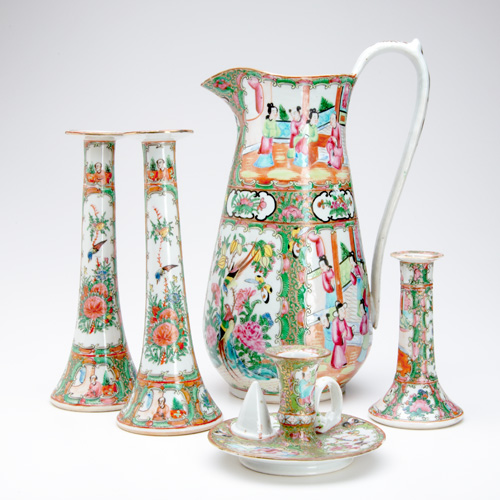 Appraisal: CHINESE EXPORT MANDARIN PORCELAIN Large pitcher and five various candlesticks