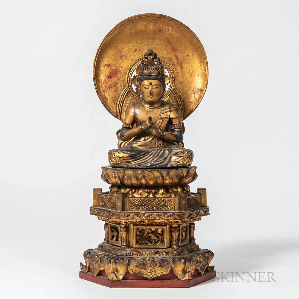 Appraisal: Gilt-lacquered Wood Statue of Dainichi Buddha Gilt-lacquered Wood Statue of