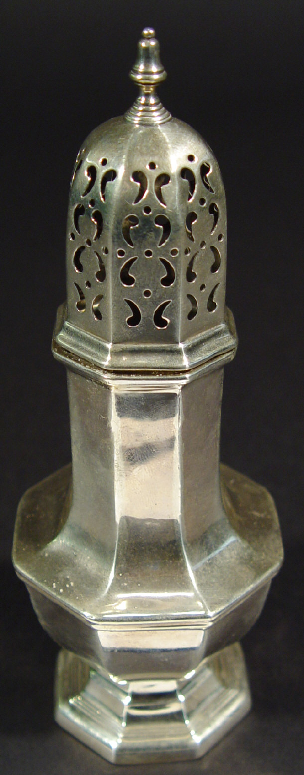 Appraisal: Octagonal silver sugar sifter retailed by Harrods Birmingham cm high