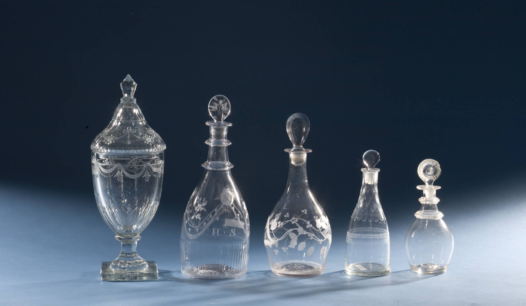 Appraisal: GROUP OF EARLY BLOWN AND ETCHED GLASS TABLEWARES INCLUDING A