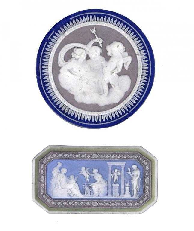 Appraisal: TWO WEDGWOOD JASPER WARE PLAQUES the first octagonal of white