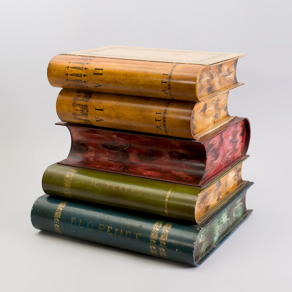 Appraisal: Decorative T le Peinte Stack of Books with Hinged Lid