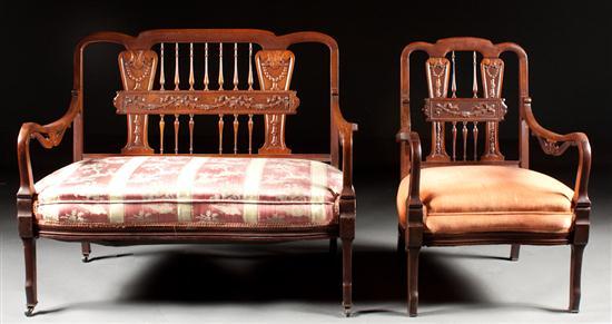 Appraisal: Beaux Arts style carved mahogany upholstered settee and matching armchair