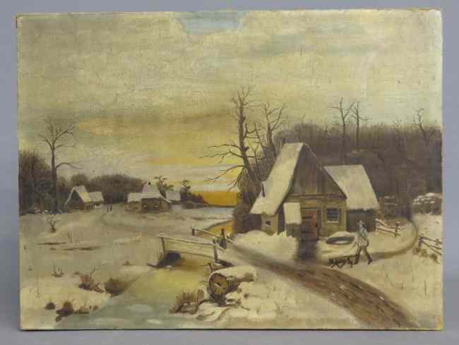 Appraisal: th c oil on canvas winterscape Unframed '' x ''