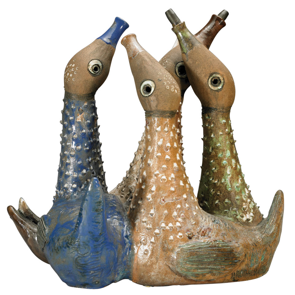 Appraisal: Pottery Fountain Modelled as Five Ducks incised signature H ROTHSCHILD