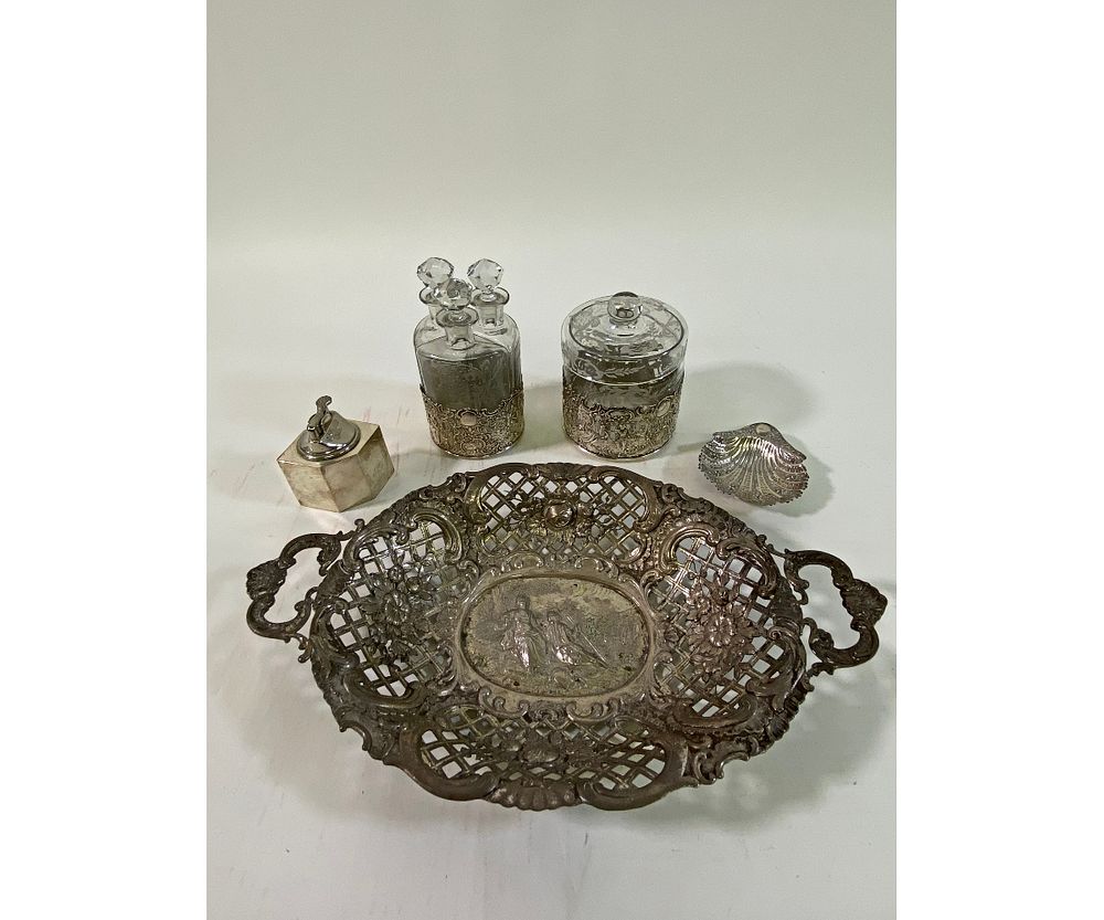 Appraisal: Sterling Silver Grouping Sterling silver and etched glass cruet set