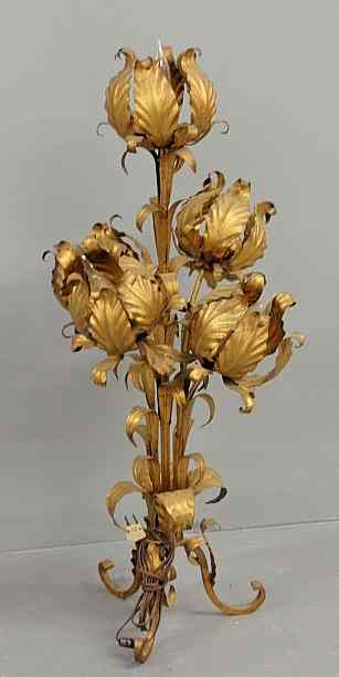 Appraisal: Italian gilt decorated iron lamp with leaf-form shades electrified h