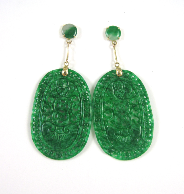 Appraisal: PAIR OF JADE AND FOURTEEN KARAT GOLD EARRINGS each with