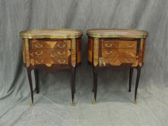 Appraisal: Pair of Louis XVI Kidney Shaped Marbletop Inlaid Drawer End