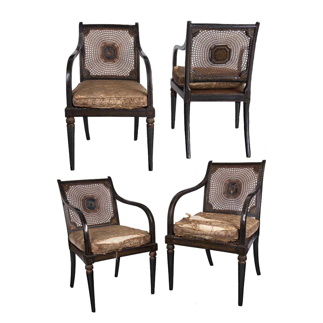 Appraisal: Set of Four Regency Painted and Parcel Gilt Armchairs Circa