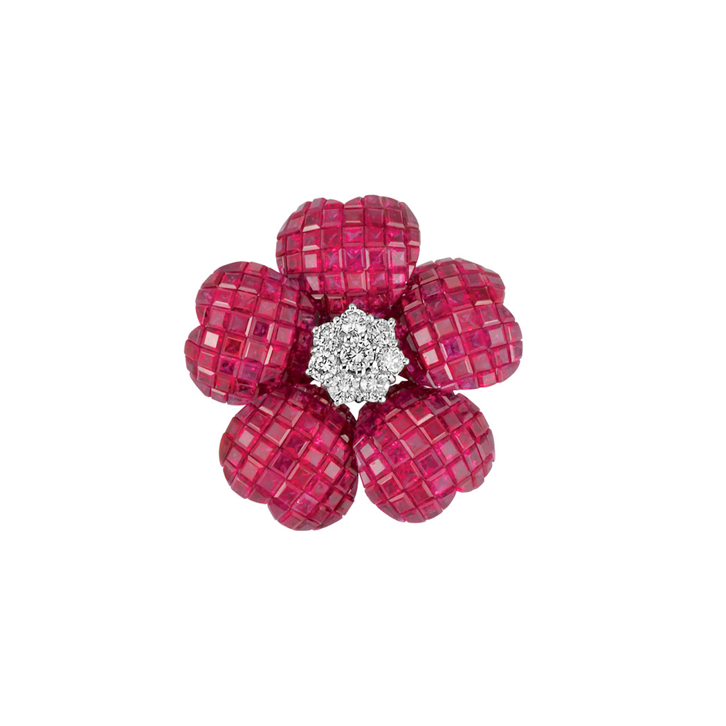 Appraisal: Invisibly-Set Ruby and Diamond Flower Pendant-Brooch kt white gold centering