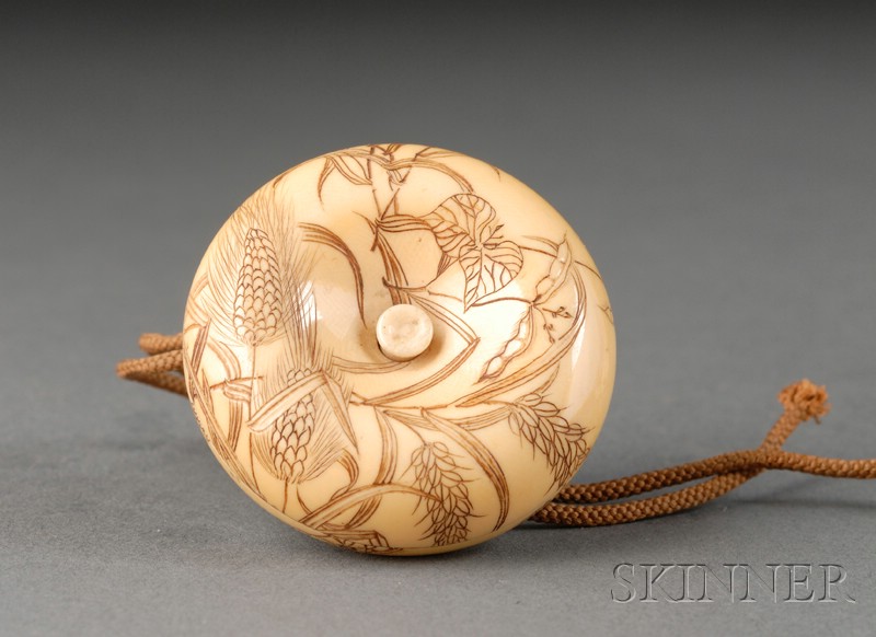 Appraisal: Ivory Manju Netsuke th century engraved designs of grain and