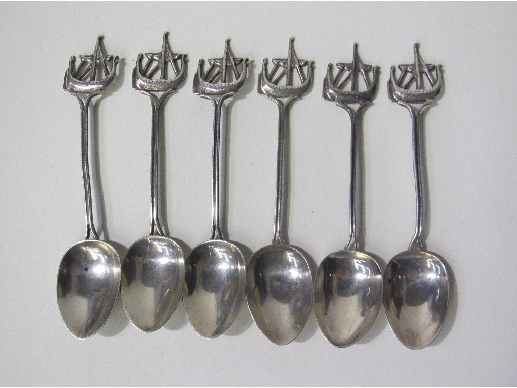 Appraisal: Set of six silver spoons with Viking ship finials Sheffield