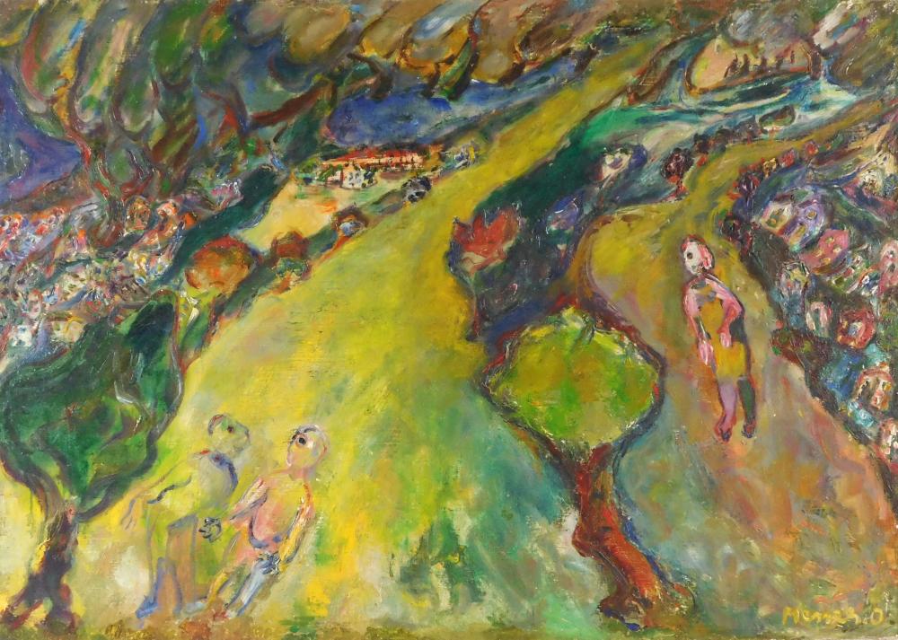 Appraisal: th C oil on canvas abstract scene of figures walking