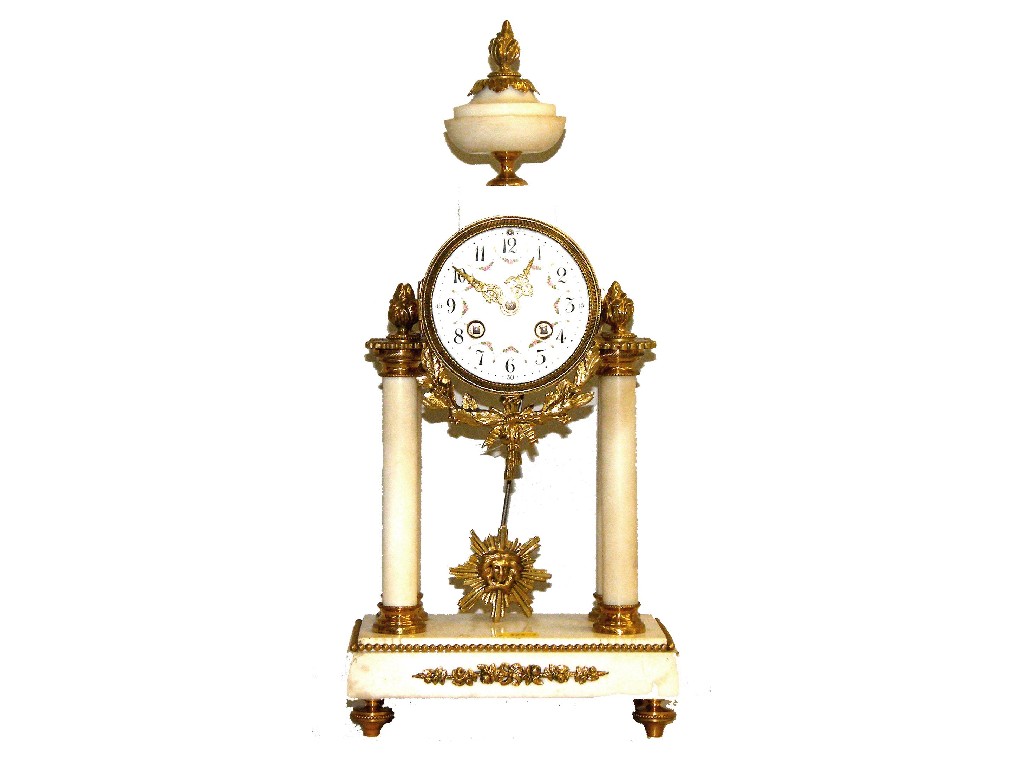 Appraisal: French white marble and ormolu mounted two train mantel clock