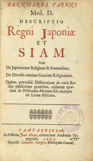 Appraisal: VARENIUS BERNHARD Descriptio Regni Japoniae et Siam quibus adduntur quaedam