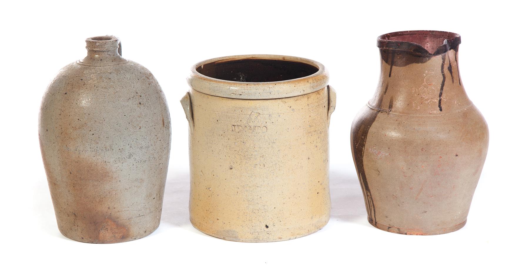 Appraisal: THREE PIECES OF OHIO STONEWARE Impressed labels Two-gallon jug H