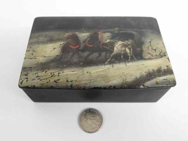 Appraisal: th c Russian papier mache box lid painted with sled