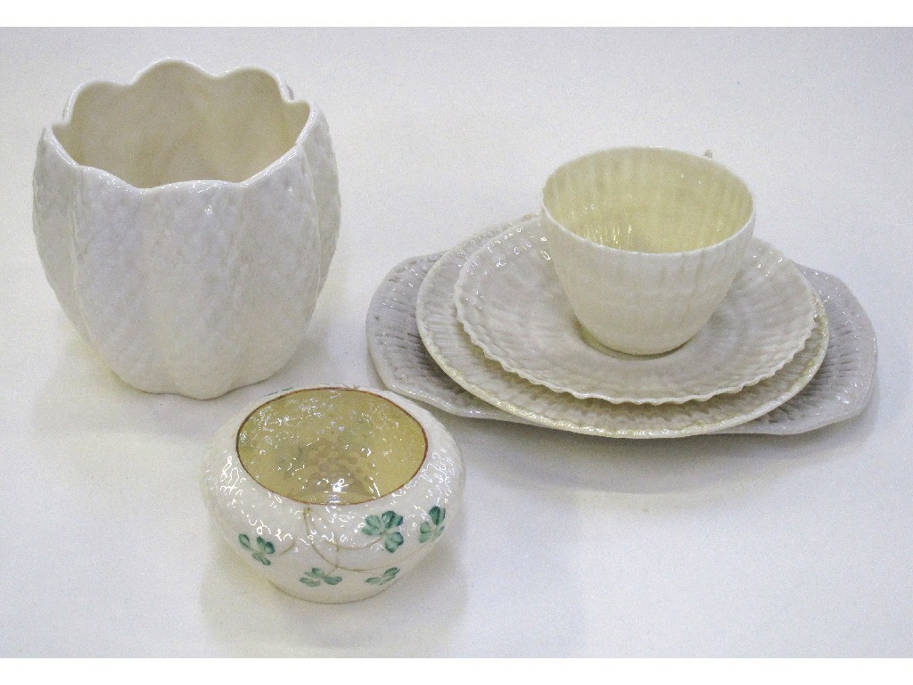 Appraisal: Belleek trio sugar bowl rectangular dish and small plant pot