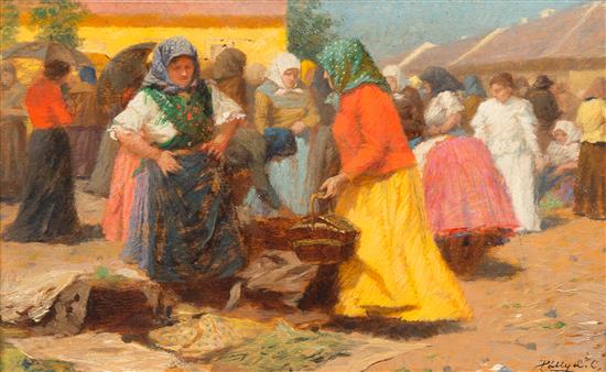 Appraisal: Sale Lot Celesztin Pallya Hungarian Woman at Village Market oil