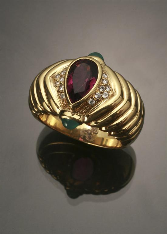 Appraisal: -Karat Yellow-Gold Amethyst Diamond and Green Chalcedony Dinner Ring Set