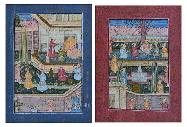 Appraisal: Pair of Persian folio style gouache studieseach with court scenes