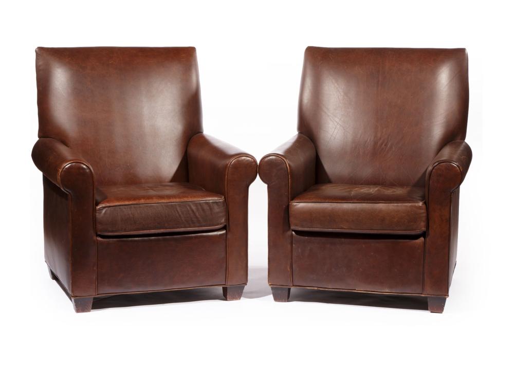 Appraisal: Pair of Chocolate Leather Club Chairs high square back tapered