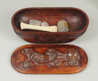 Appraisal: Maori Carved Wood Treasure Box W Abalone Inlay Maori carved