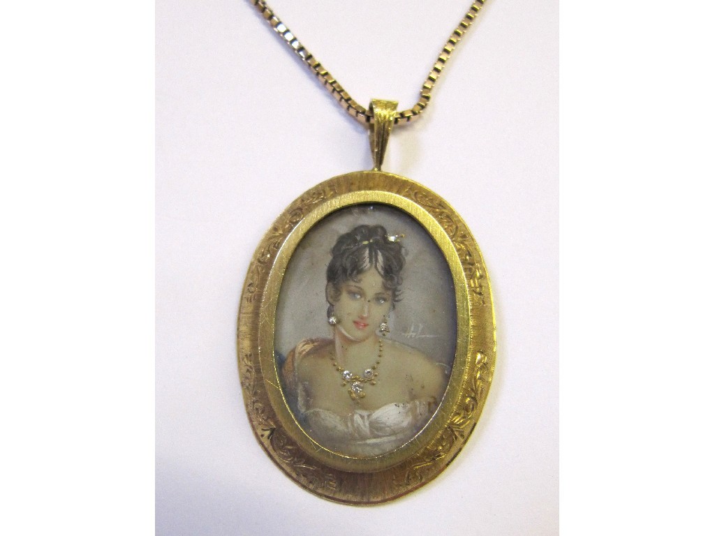 Appraisal: ct gold mounted portrait handpainted miniature pendant with diamonds set