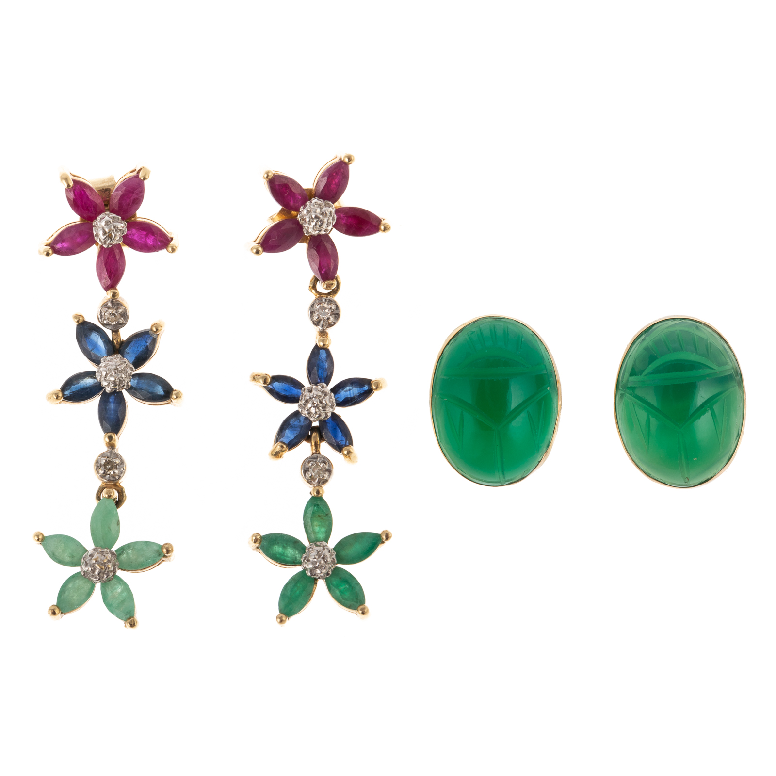 Appraisal: A PAIR OF STAR DANGLE SCARAB EARRINGS IN GOLD K