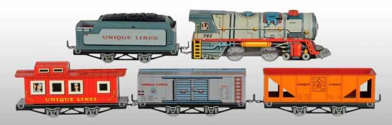 Appraisal: Unique Art Lithographed Tin Wind-Up Freight Train Description Circa Includes