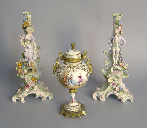 Appraisal: Pair of German porcelain figural candlesticks together with a covered