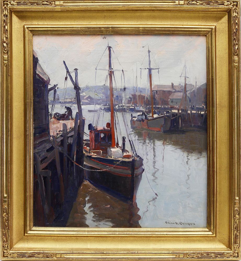 Appraisal: Emile Albert Gruppe Oil on Canvas Gloucester Fishing Boats Emile